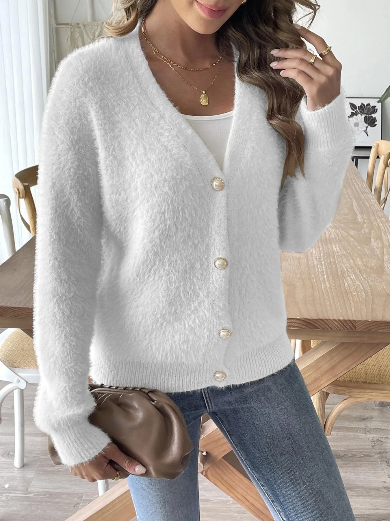Fuzzy Button-Front Cardigan