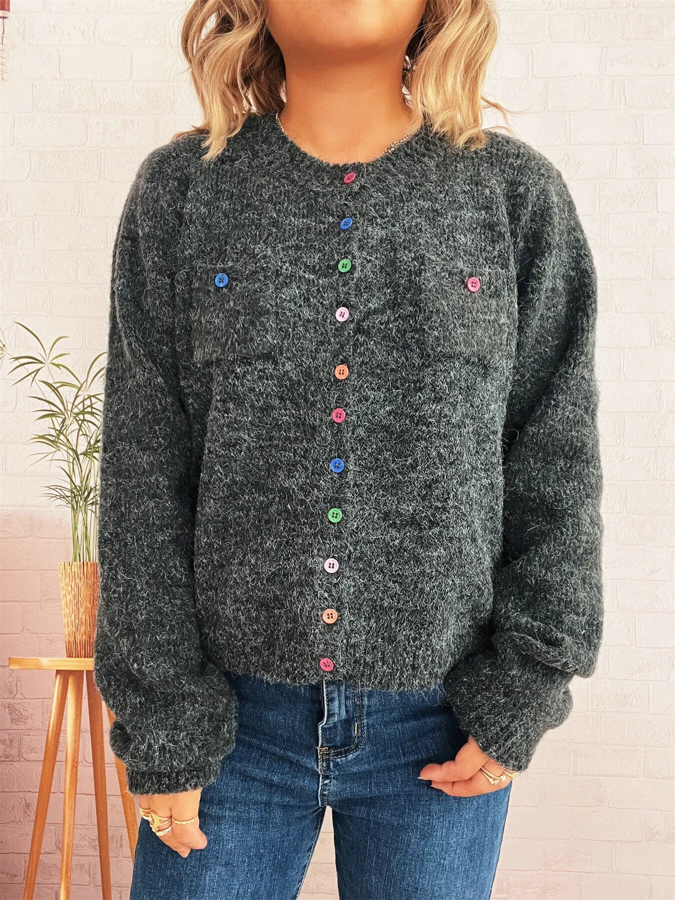 Button-Up Ribbed Hem Cardigan with Chest Pocket