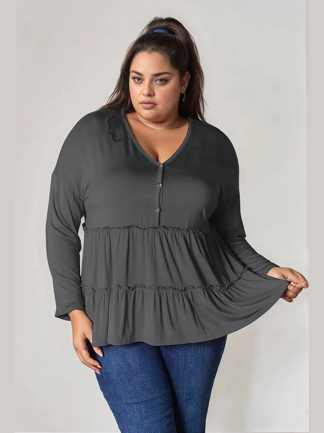 Double Take Half Button Long Sleeve Ruffle Hem Blouse nicholesgifts