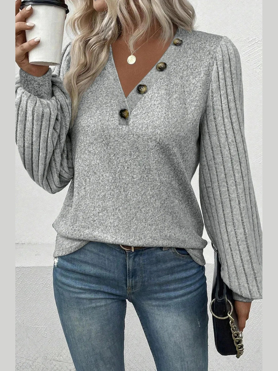 Decorative Button V-Neck Lantern Sleeve Blouse