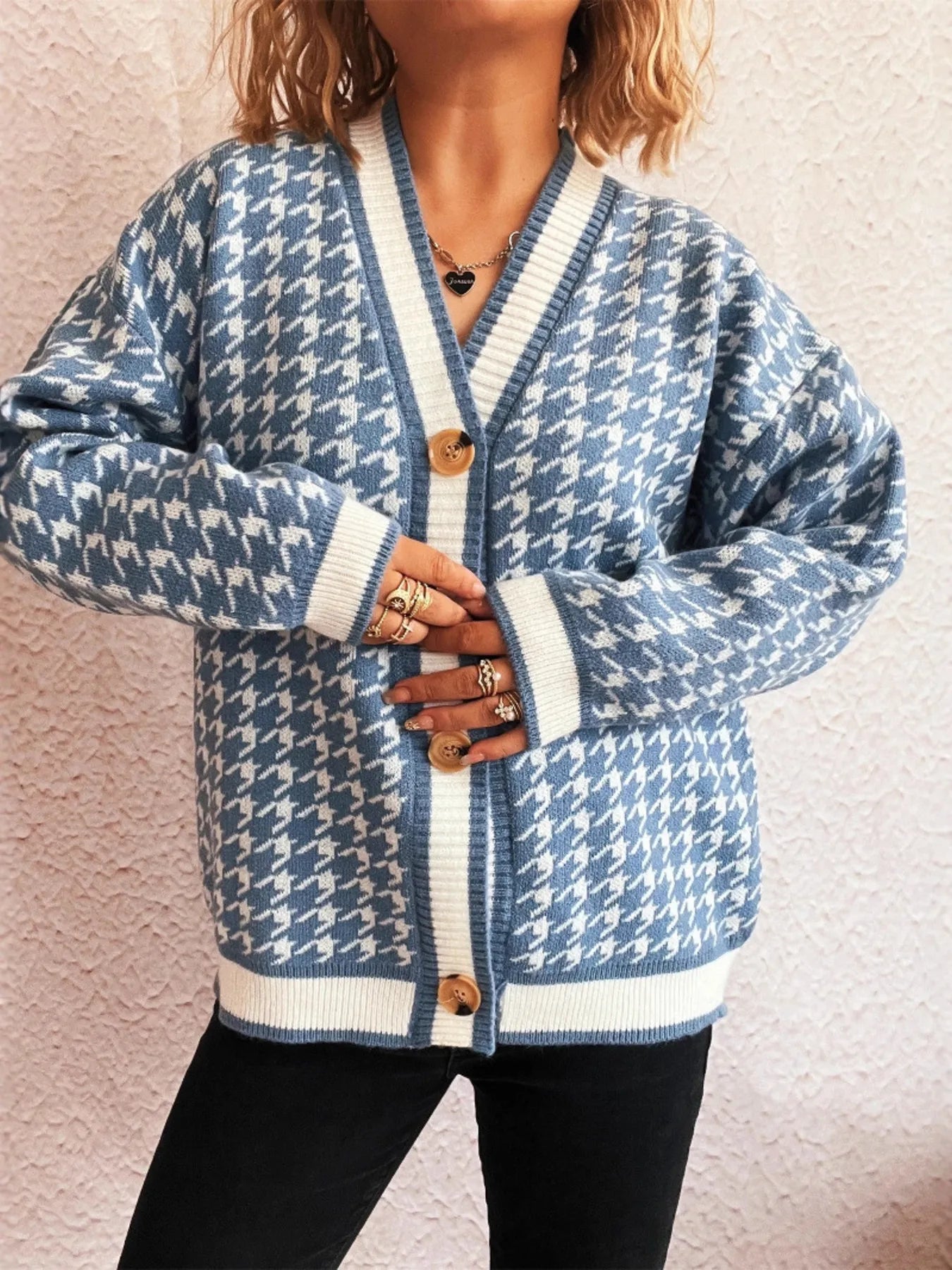 Houndstooth Pattern V-Neck Button-Up Cardigan