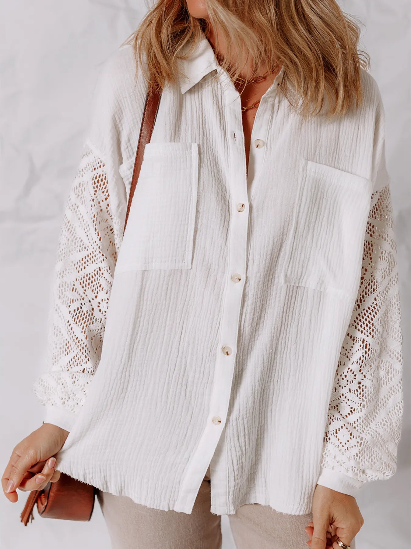 Lace Sleeve Button Down Shirt NicholesGifts