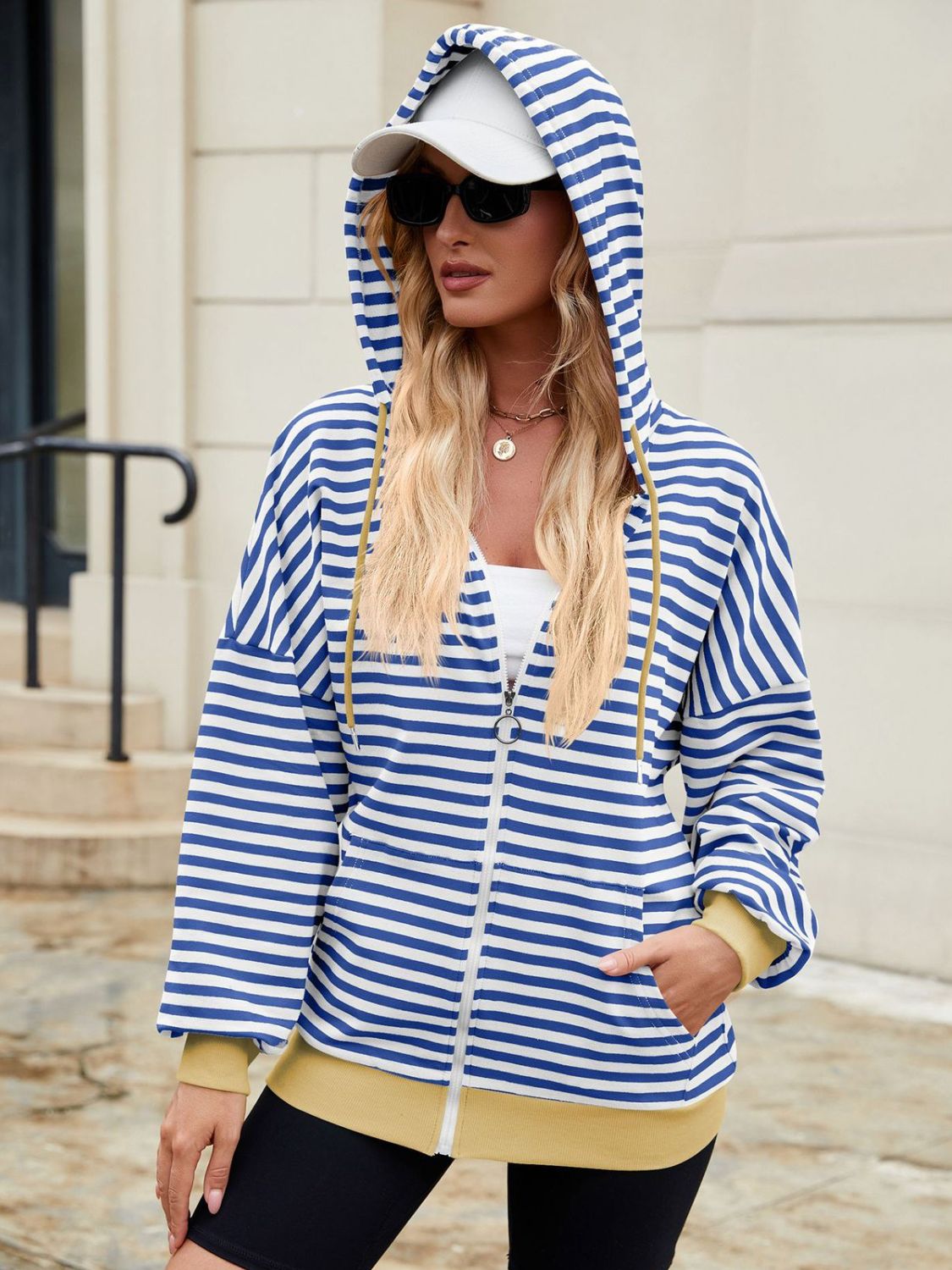 Women Drawstring Striped Zip Up Long Sleeve Hoodie nicholesgifts