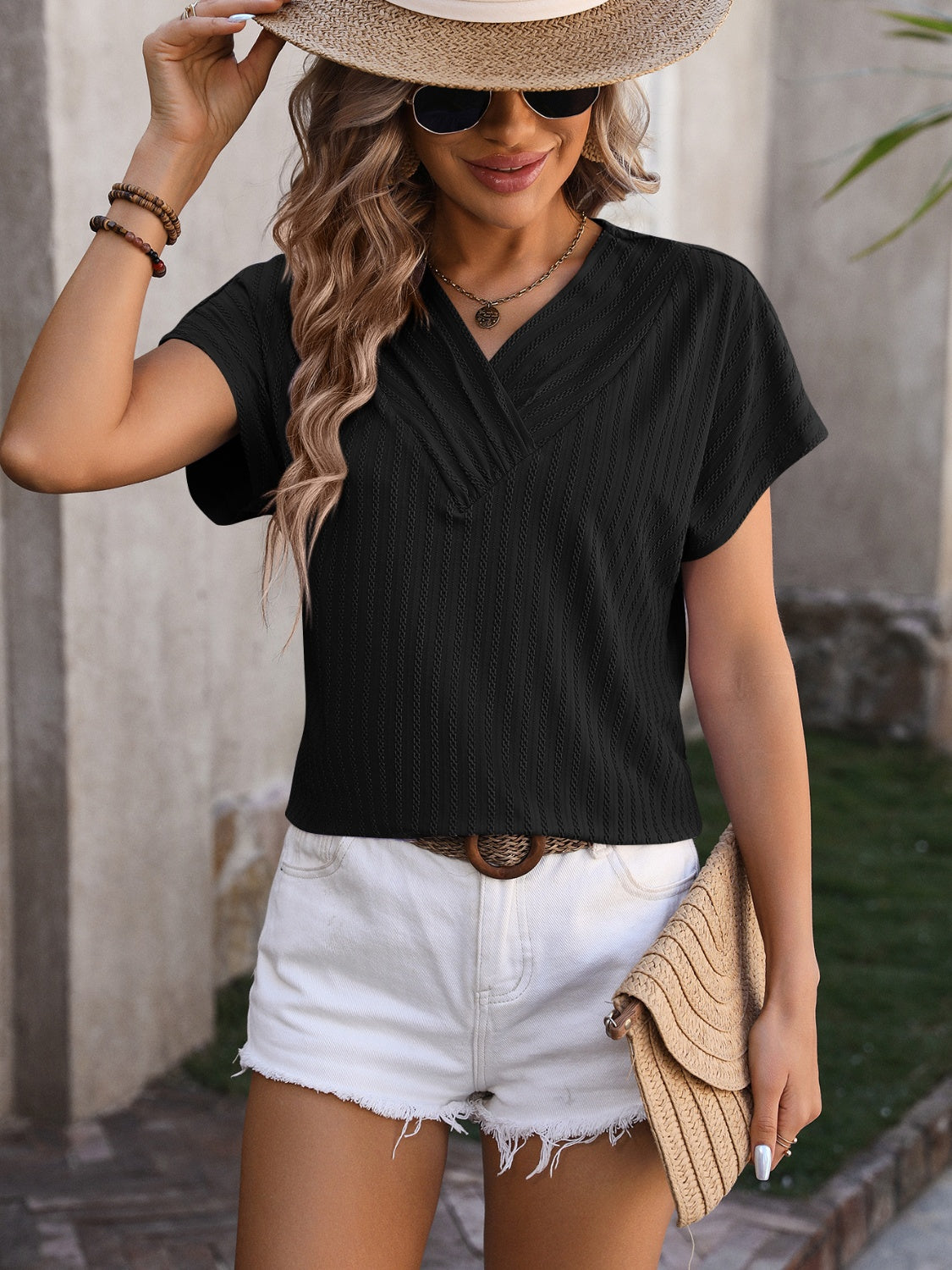 Textured Surplice Short Sleeve Blouse nicholesgifts