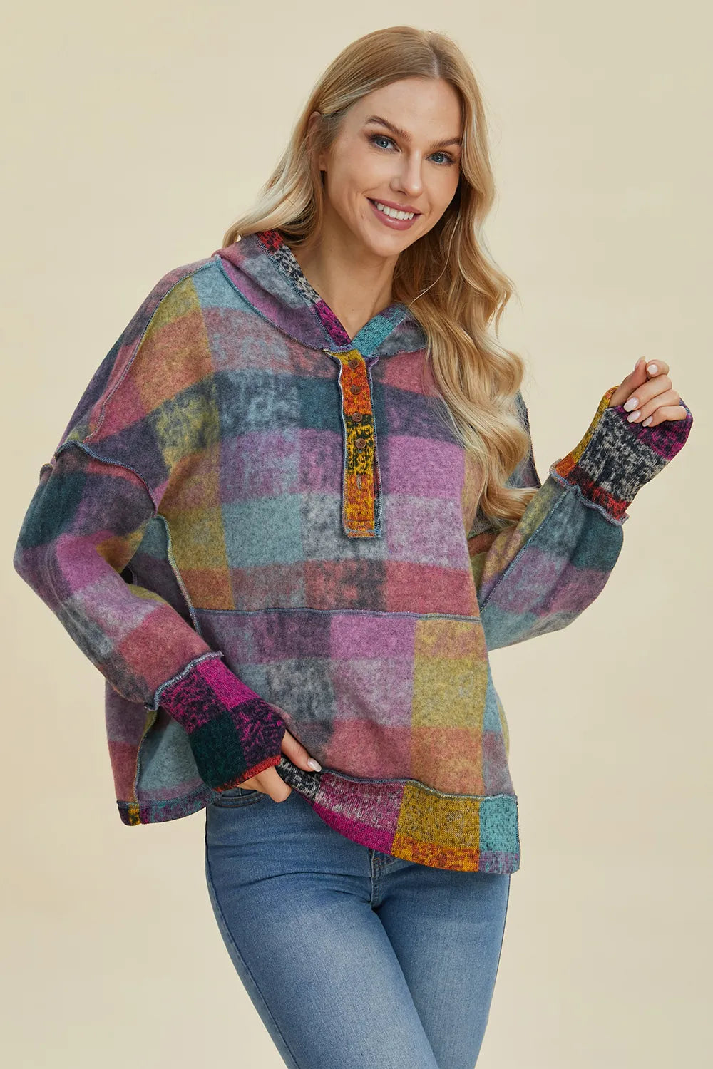 Double Take Full Size Plaid Dropped Shoulder Fleece Hoodie Trendsi