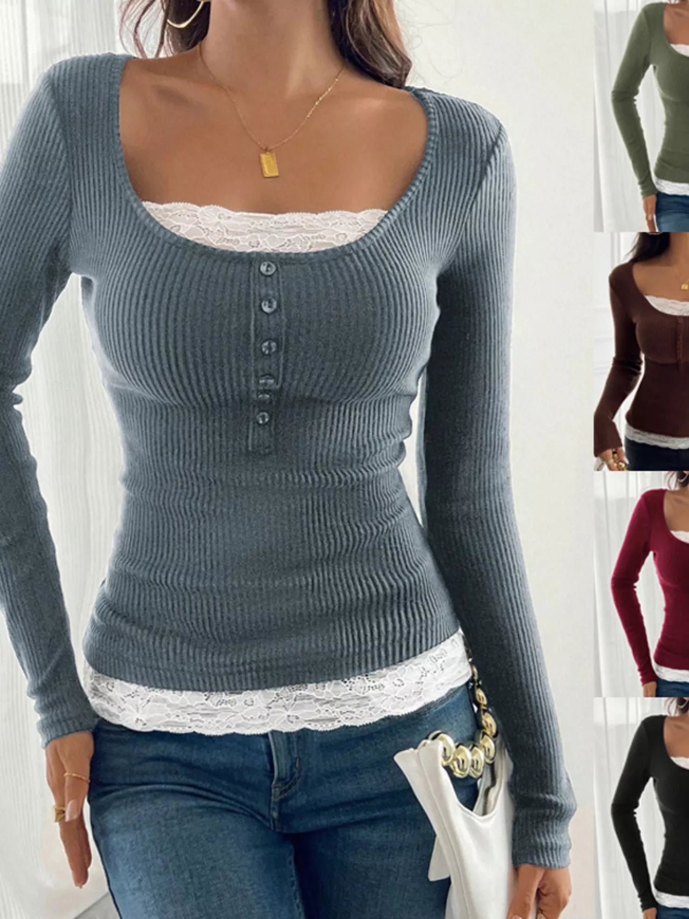 Lace Detail Long Sleeve Ribbed Top Trendsi