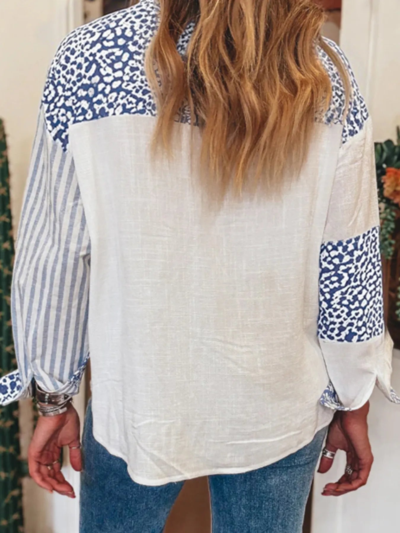 Striped Patchwork Button Down Shirt with Leopard Print Details NicholesGifts