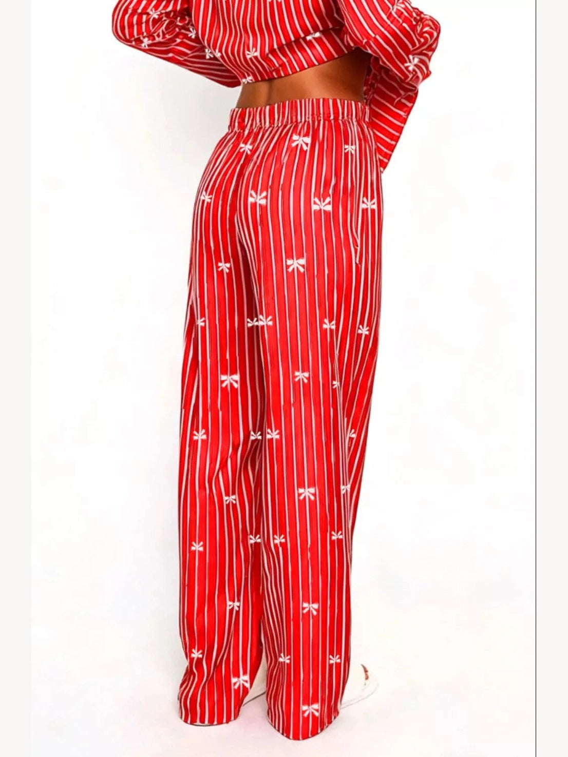 Bow Print Top and Wide Leg Pants Lounge Set nicholesgifts