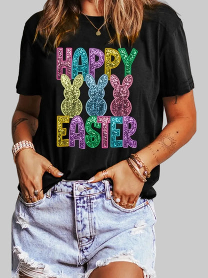 HAPPY EASTER Sequin Bunny Round Neck T-Shirt nicholesgifts