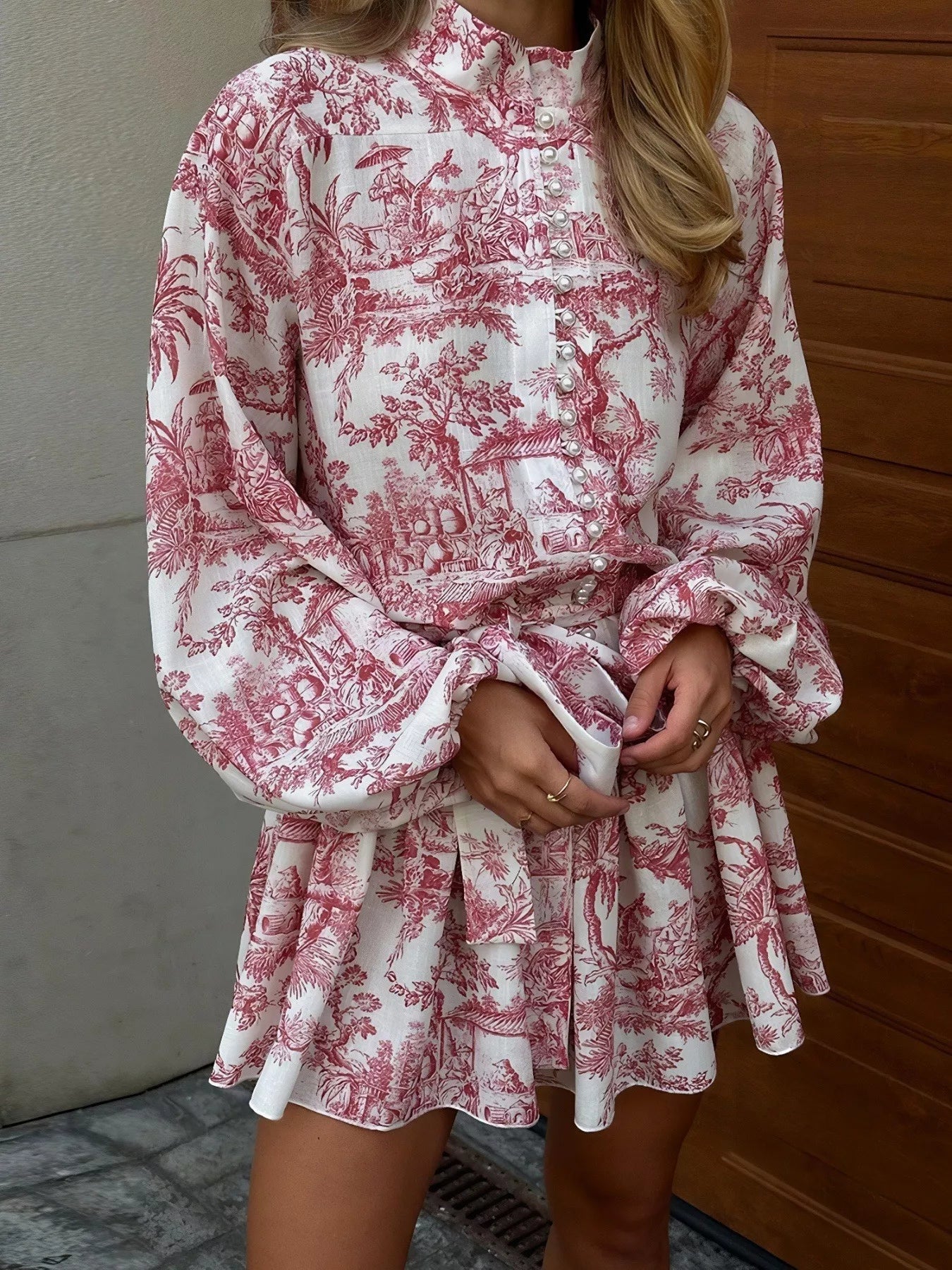 Women Printed Balloon Sleeve Tie Waist Dress