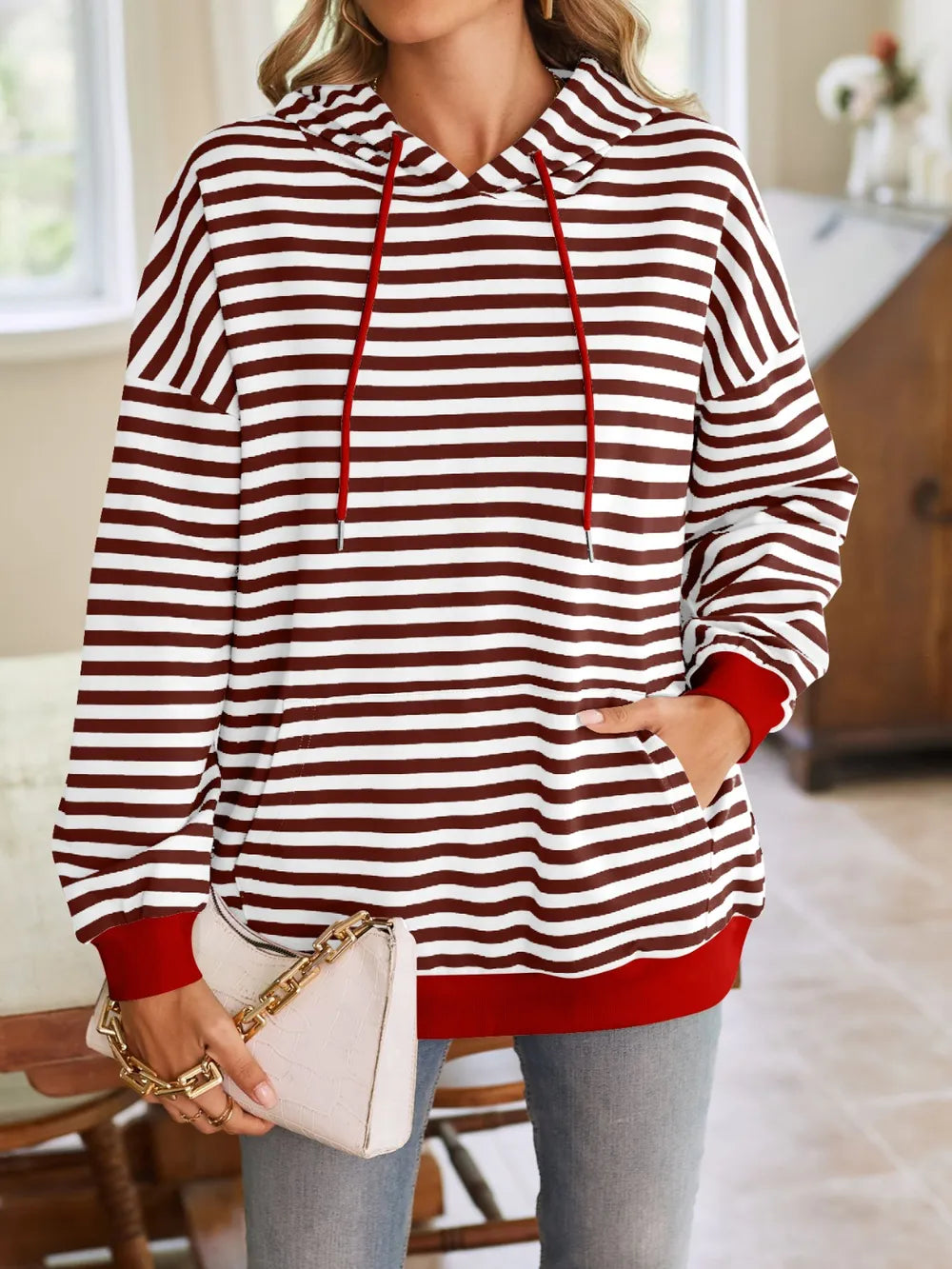 Lovelet Drawstring Striped Long Sleeve Hoodie Trendsi