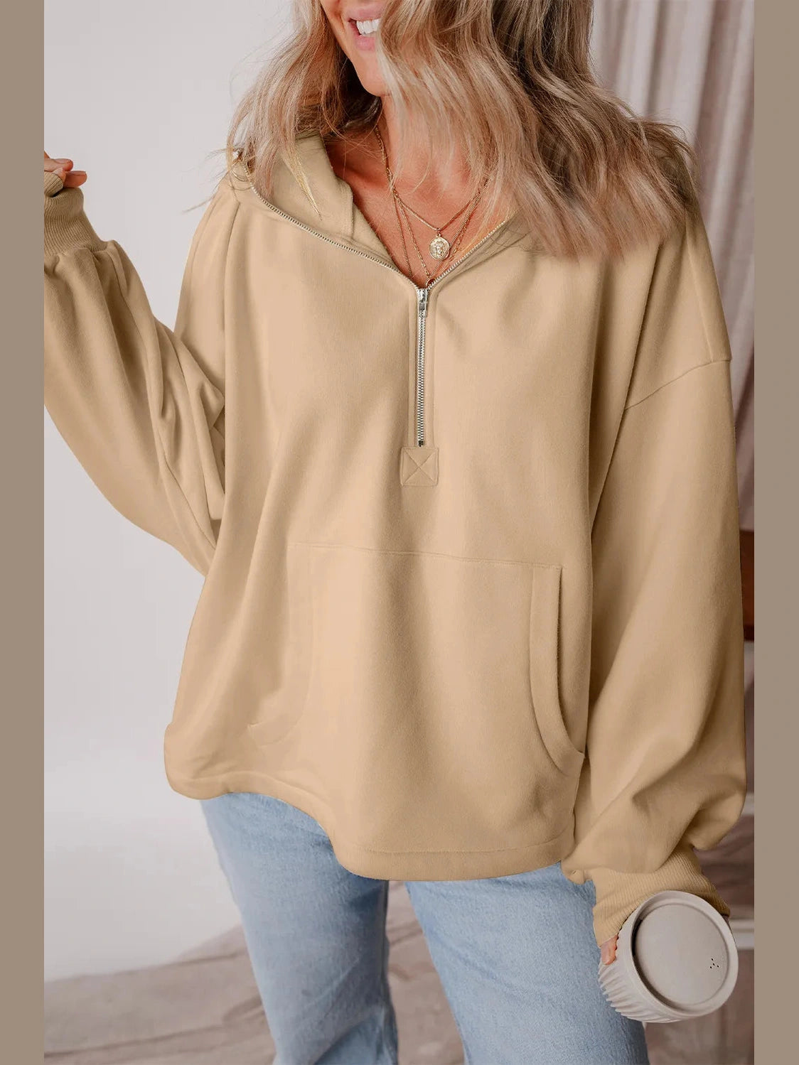 Pocketed Half Zip Dropped Shoulder Hoodie Trendsi