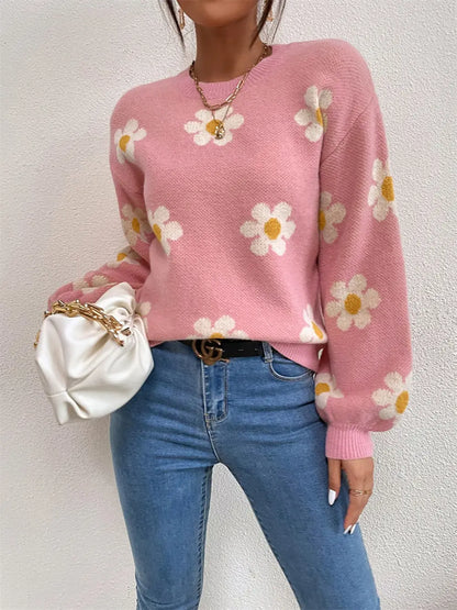 Flower Round Neck Latern Sleeve Sweater nicholesgifts