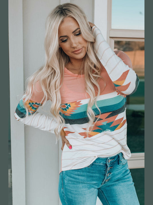 Geometric Round Neck Long Sleeve T-Shirt