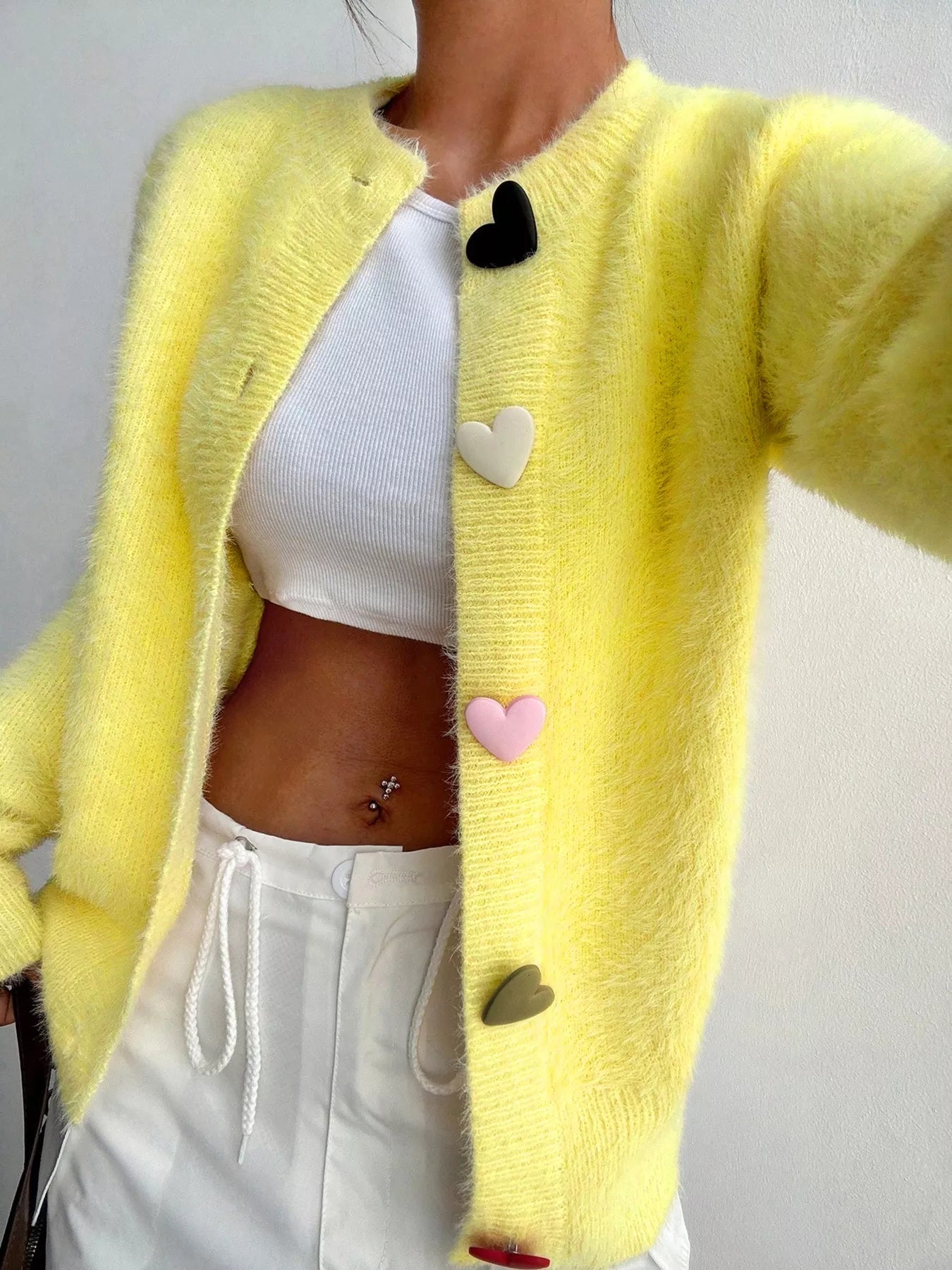 Women Heart Button Fuzzy Cardigan