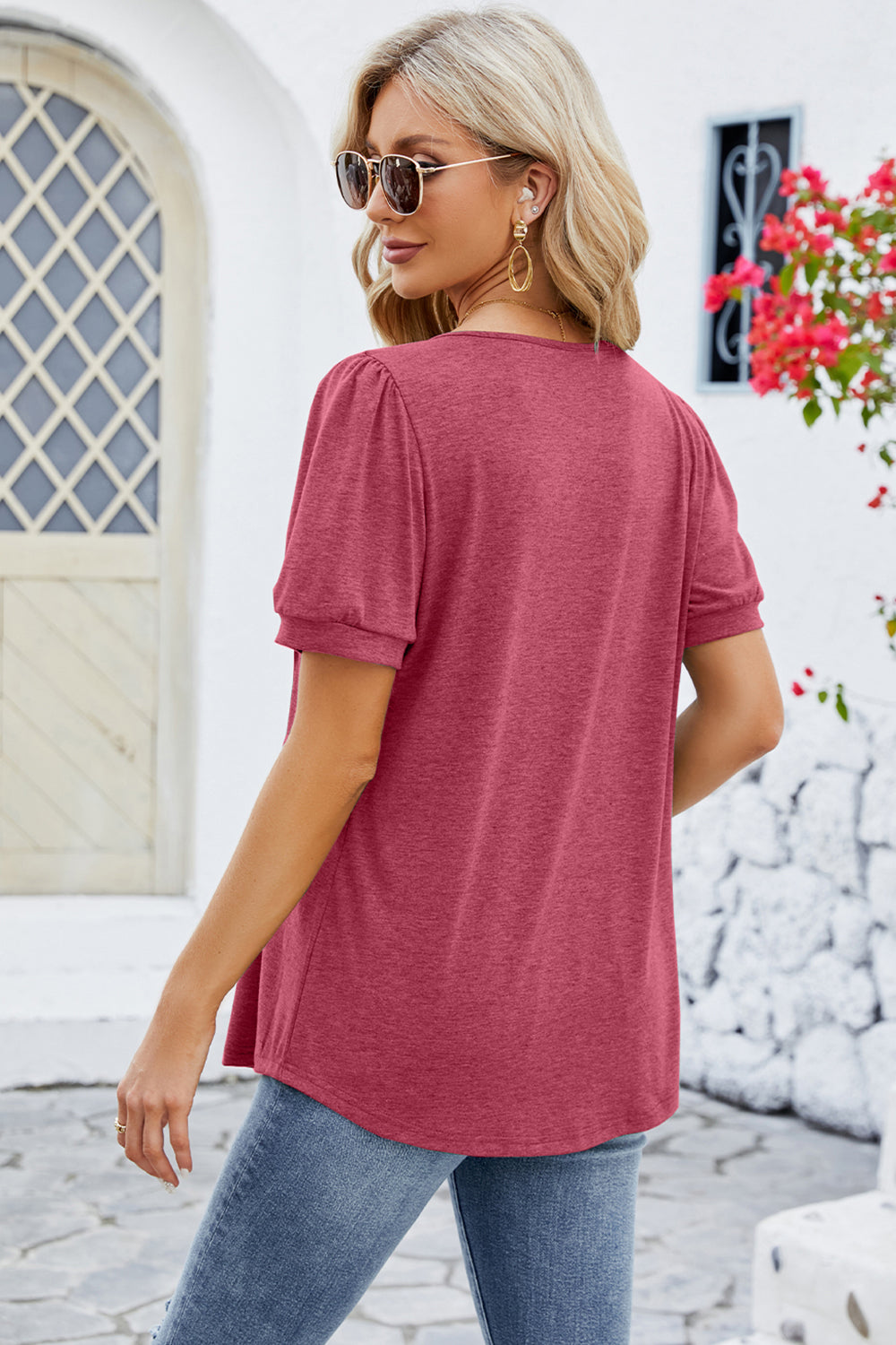 Ruched Scoop Neck Short Sleeve Blouse nicholesgifts