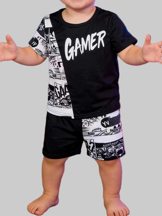 Children's Gamer Print Round Neck Tee and Shorts Set nicholesgifts