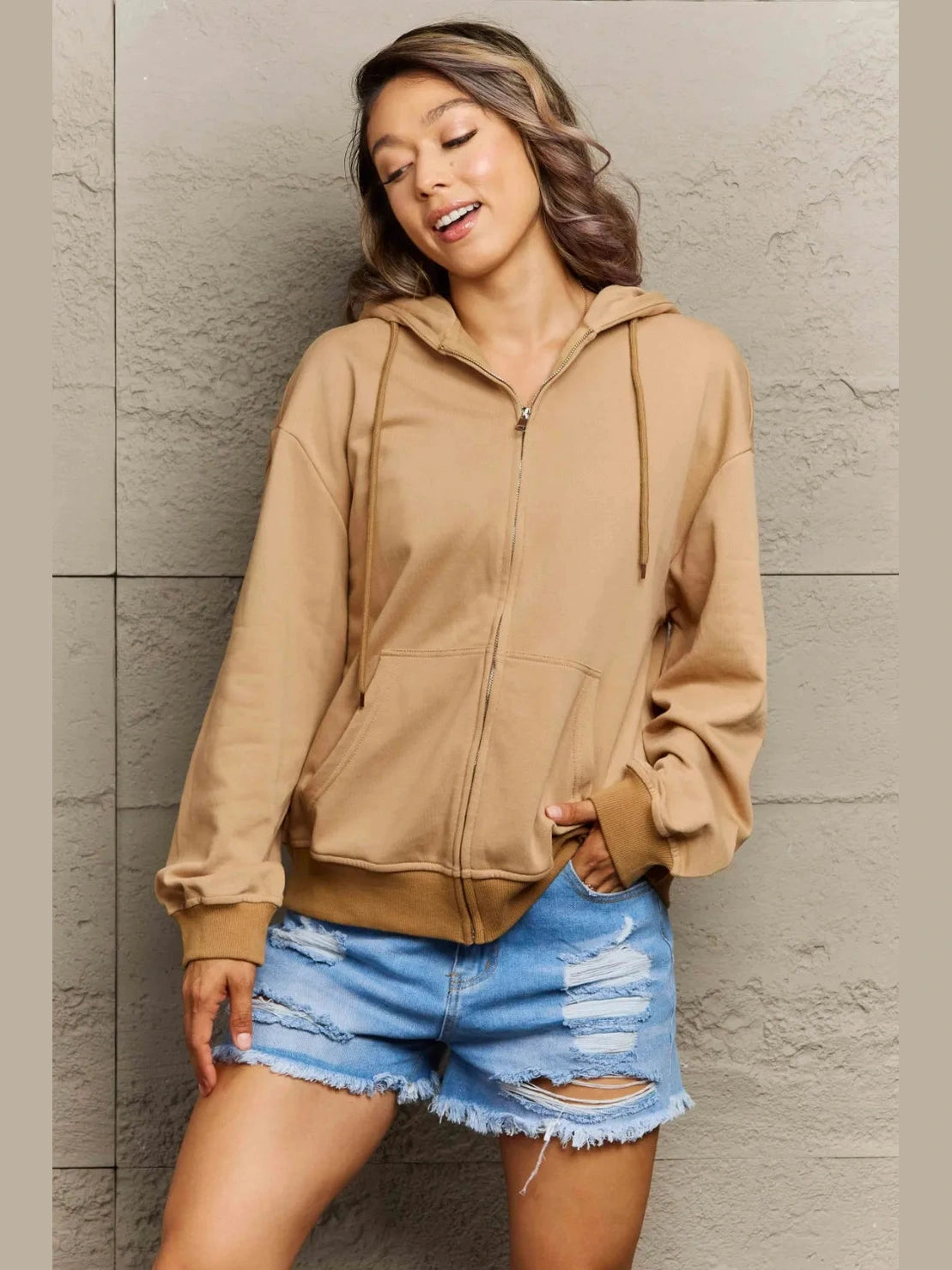 Full Size Zip Up Long Sleeve Hooded Jacket
