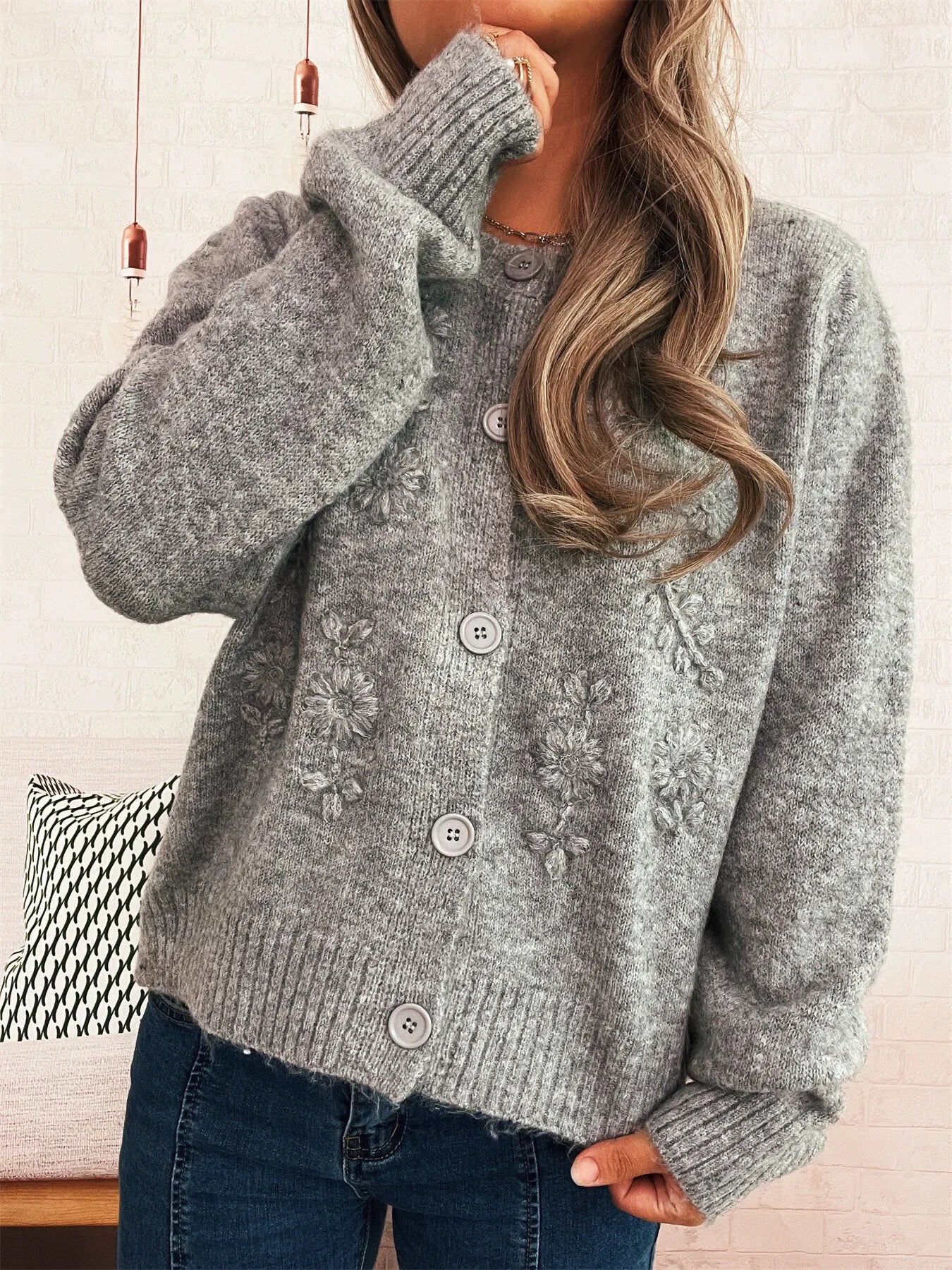 Flower Button Up Ribbed Hem Cardigan