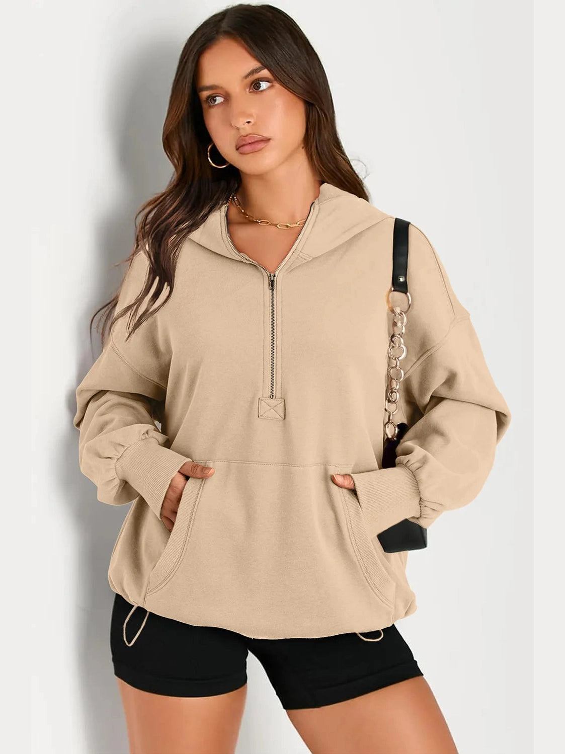Pocketed Half Zip Long Sleeve Hoodie Trendsi