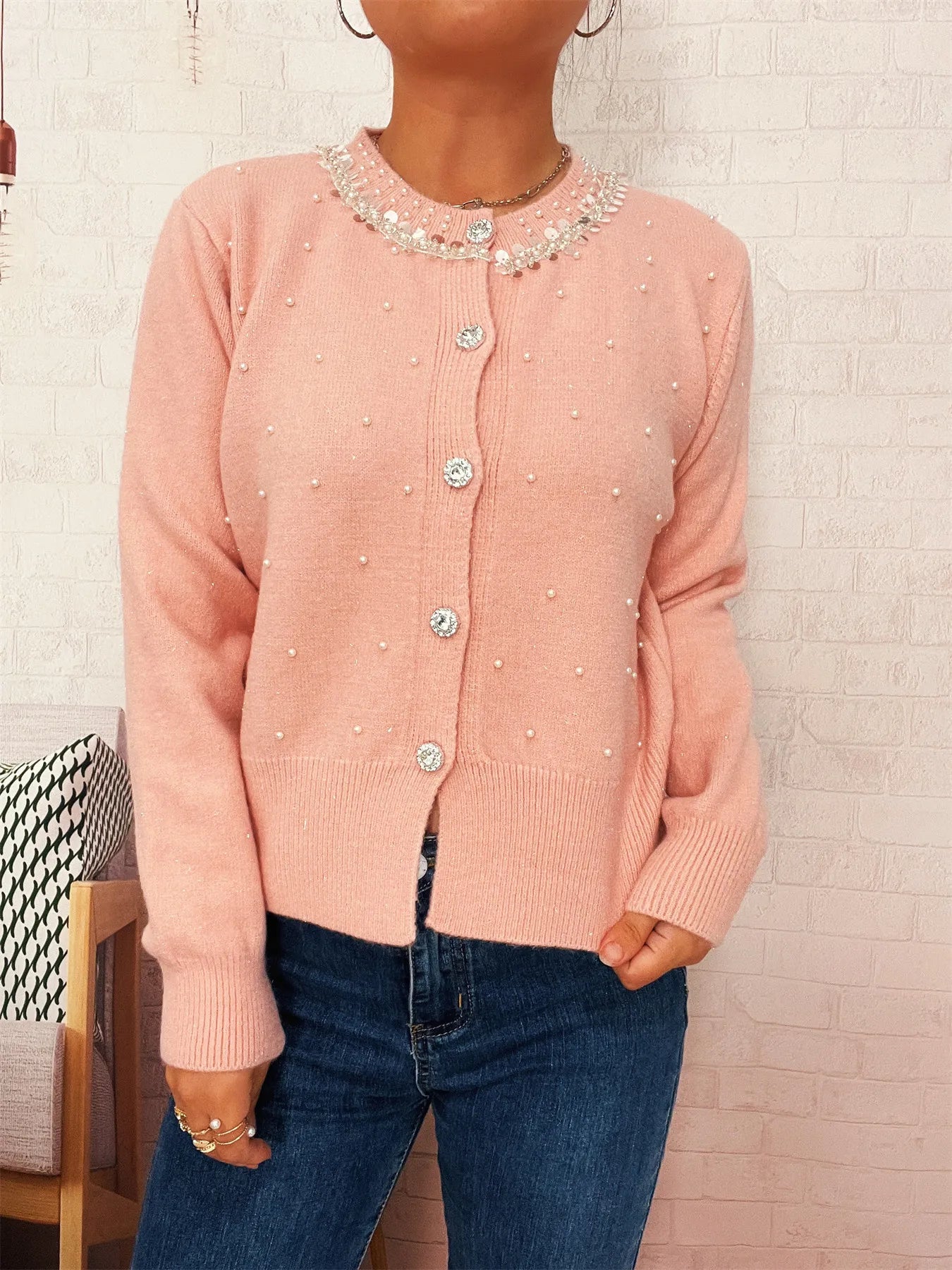 Pearl Detail Button-Front Cardigan NicholesGifts