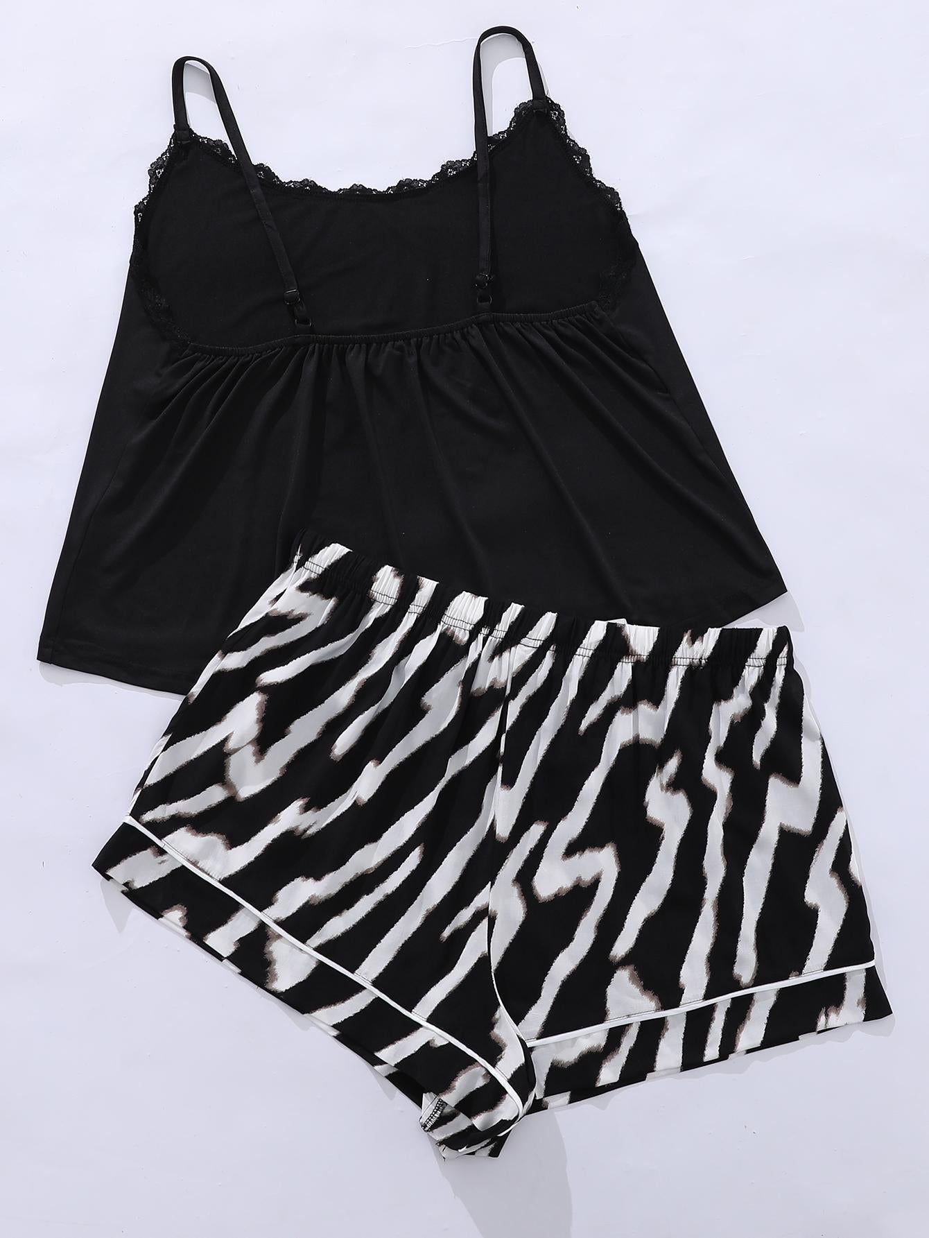 Plus Size Lace Trim Scoop Neck Cami and Printed Shorts Pajama Set nicholesgifts