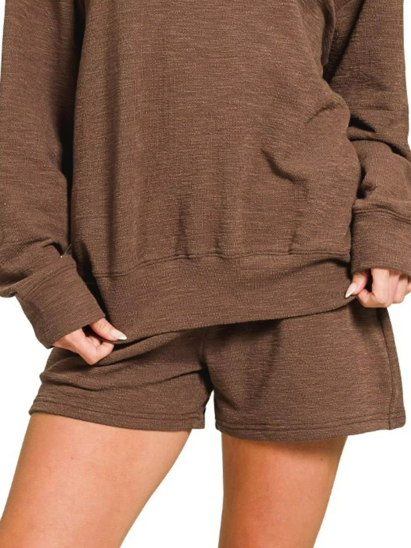 Zenana Slub Long Sleeve Top and Shorts Set Trendsi