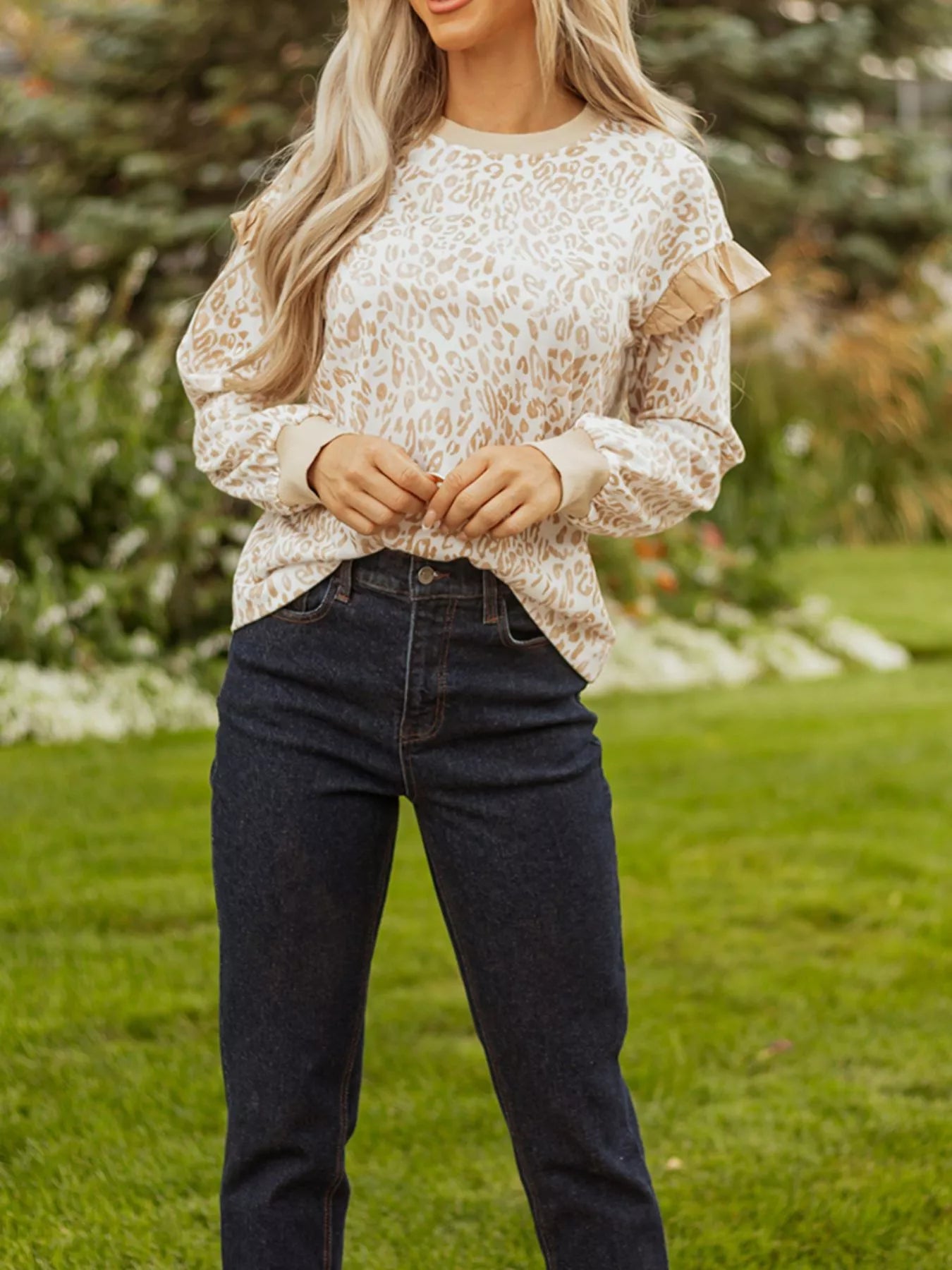Leopard Ruffle Detail Ribbed Trim Round Neck Sweatshirt nicholesgifts