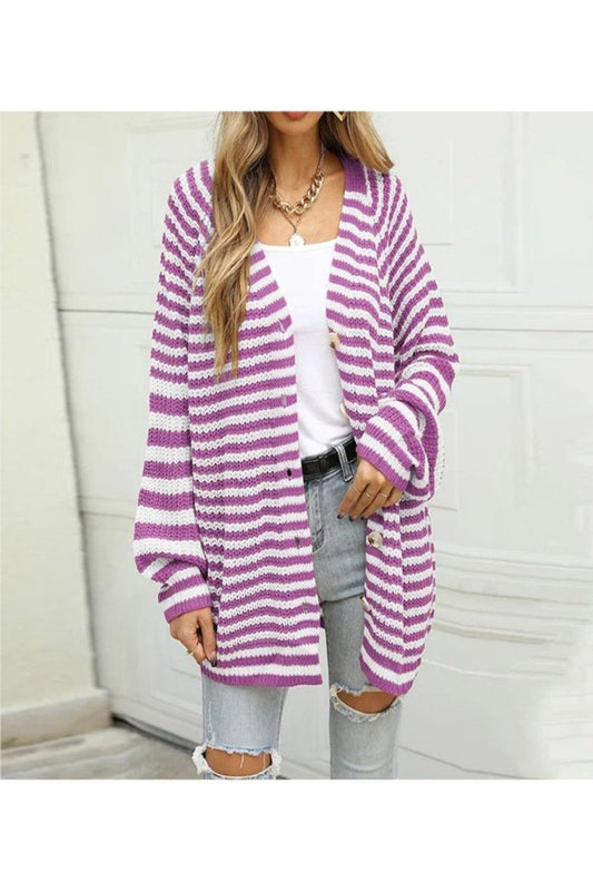 NicholesGifts Women Striped Button Down Long Sleeve Cardigan NicholesGifts