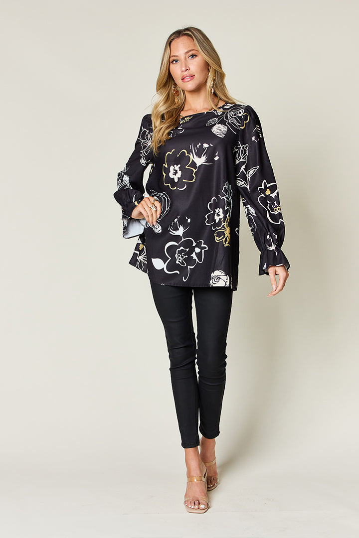 Women Double Take Full Size Printed Flounce Sleeve Blouse NicholesGifts