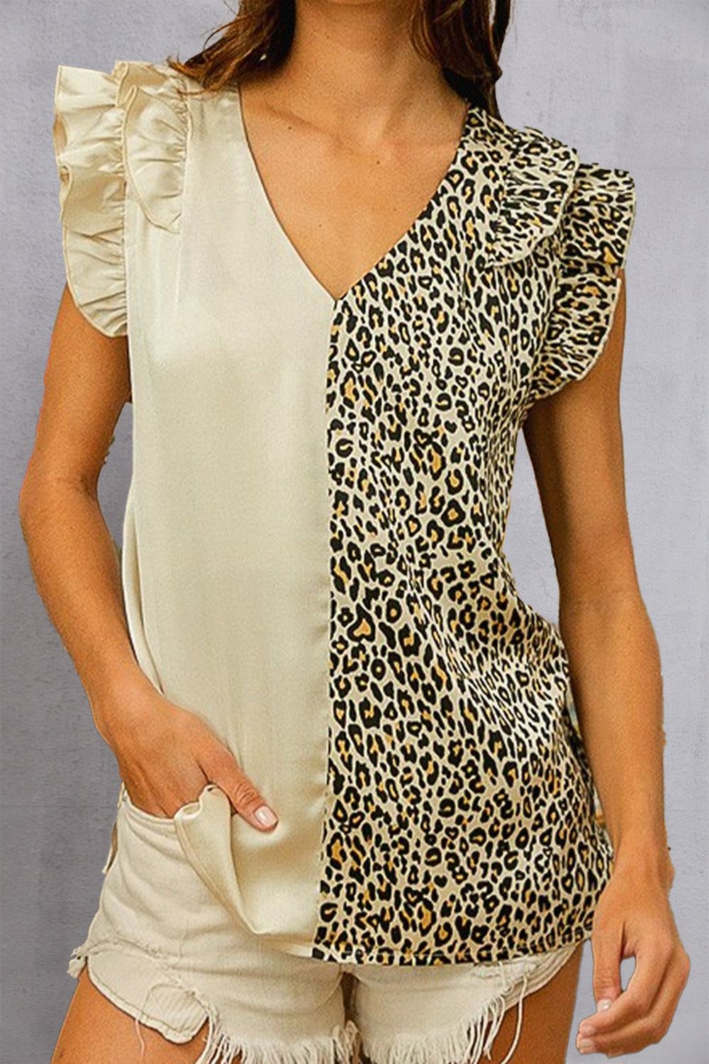 Ruffled Leopard V-Neck Cap Sleeve Blouse nicholesgifts