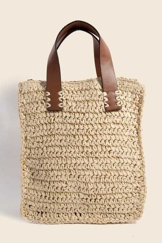 Fame Faux Leather Handle Straw Braided Handbag Trendsi