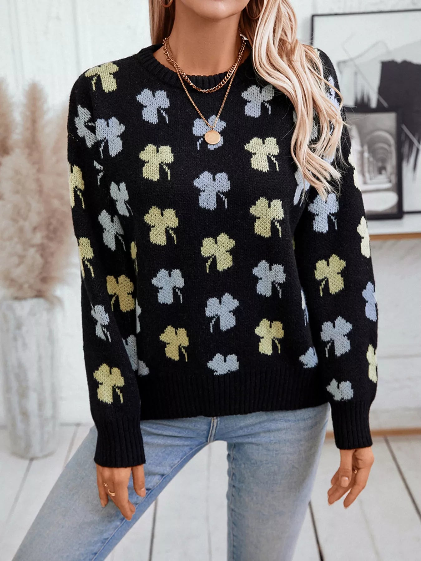 Clover Round Neck Long Sleeve Sweater Trendsi