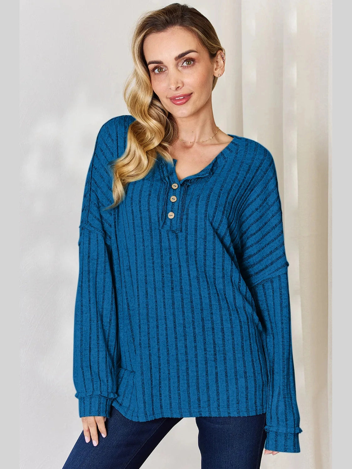 Basic Bae Full Size Ribbed Half Button Long Sleeve T-Shirt nicholesgifts