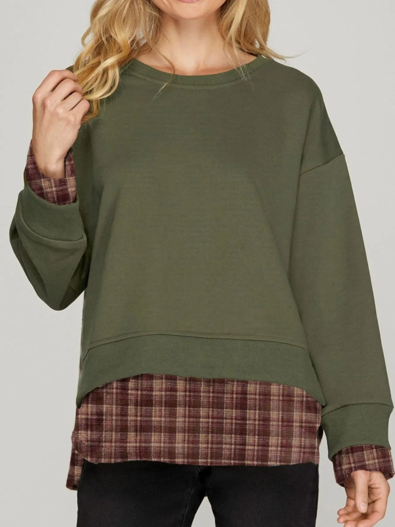 Plaid Patchwork Drop Shoulder Sweatshirt Trendsi