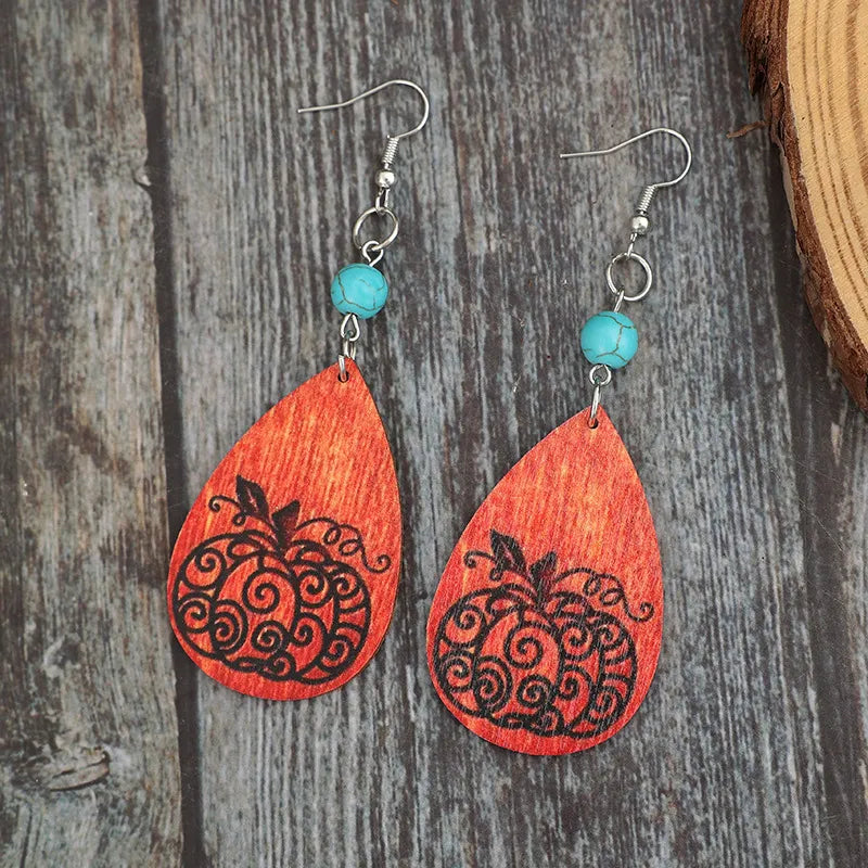 Turquoise Wooden Pumpkin Teardrop Earrings NicholesGifts