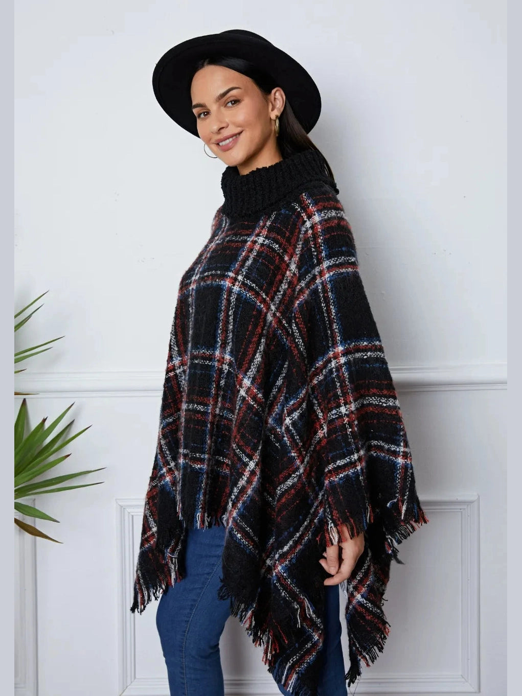 Shiny Turtleneck Plaid Raw Hem Sweater Trendsi