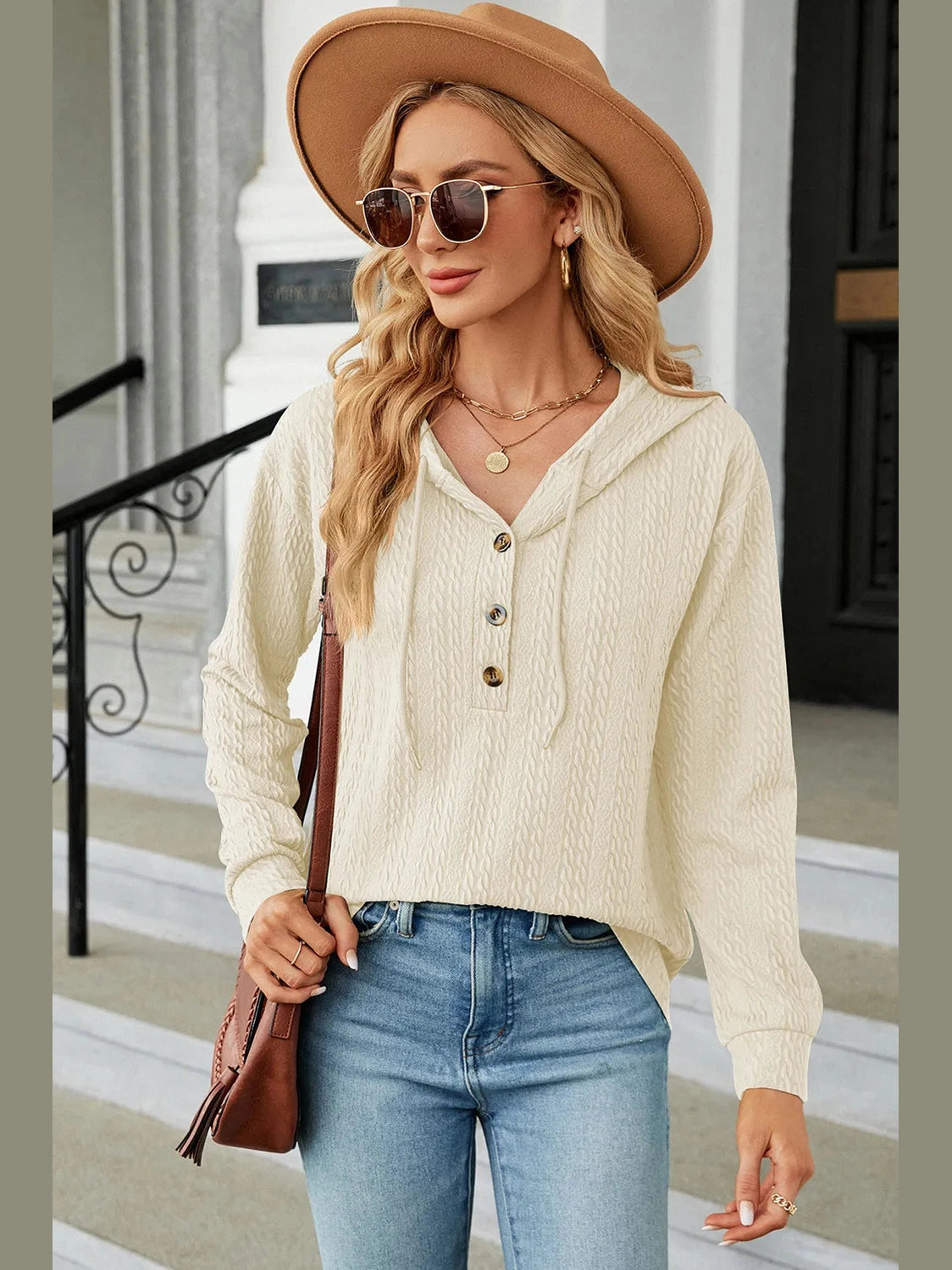 Drawstring Half Button Long Sleeve Hoodie nicholesgifts