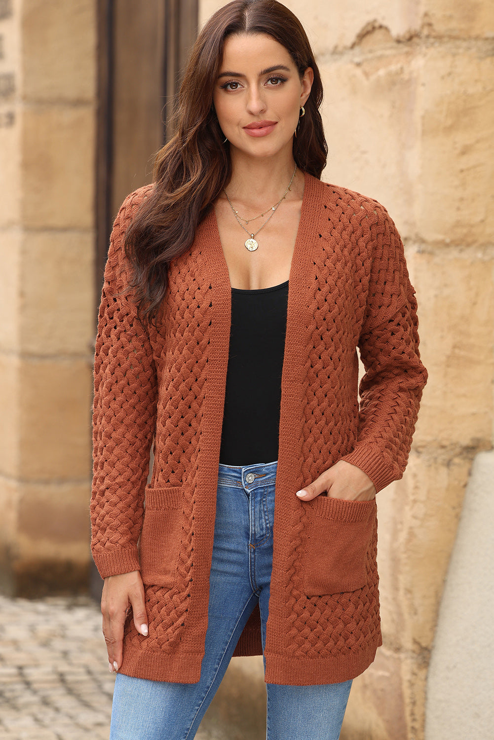 Open Front Dropped Shoulder Cardigan with Pockets nicholesgifts