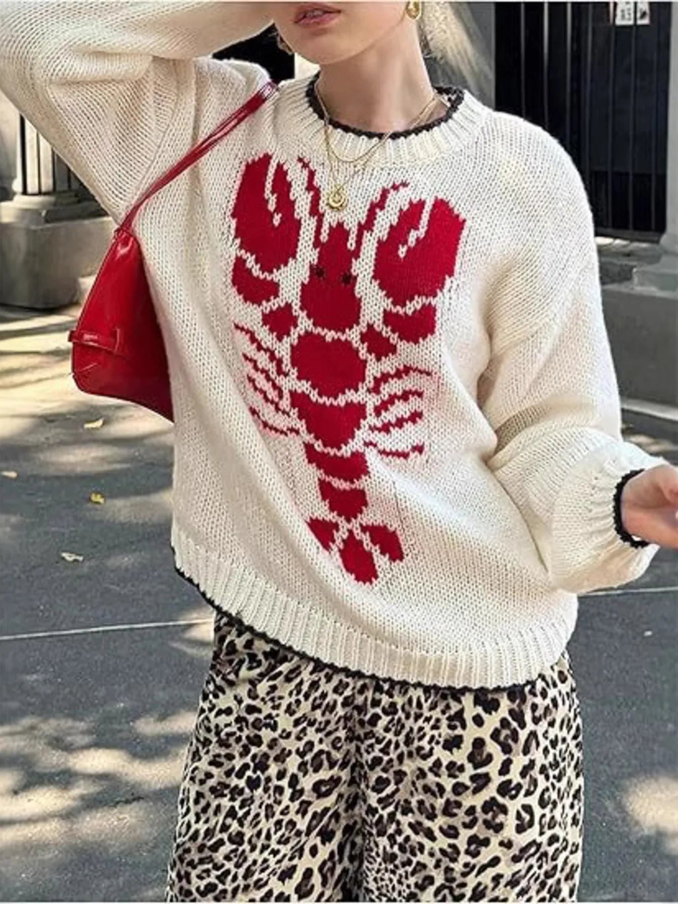 Full Size Lobster Contrast Trim Round Neck Sweater Plus Size Trendsi