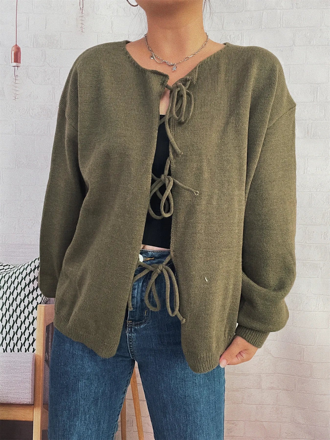 Tie Front Drop Shoulder Cardigan Trendsi