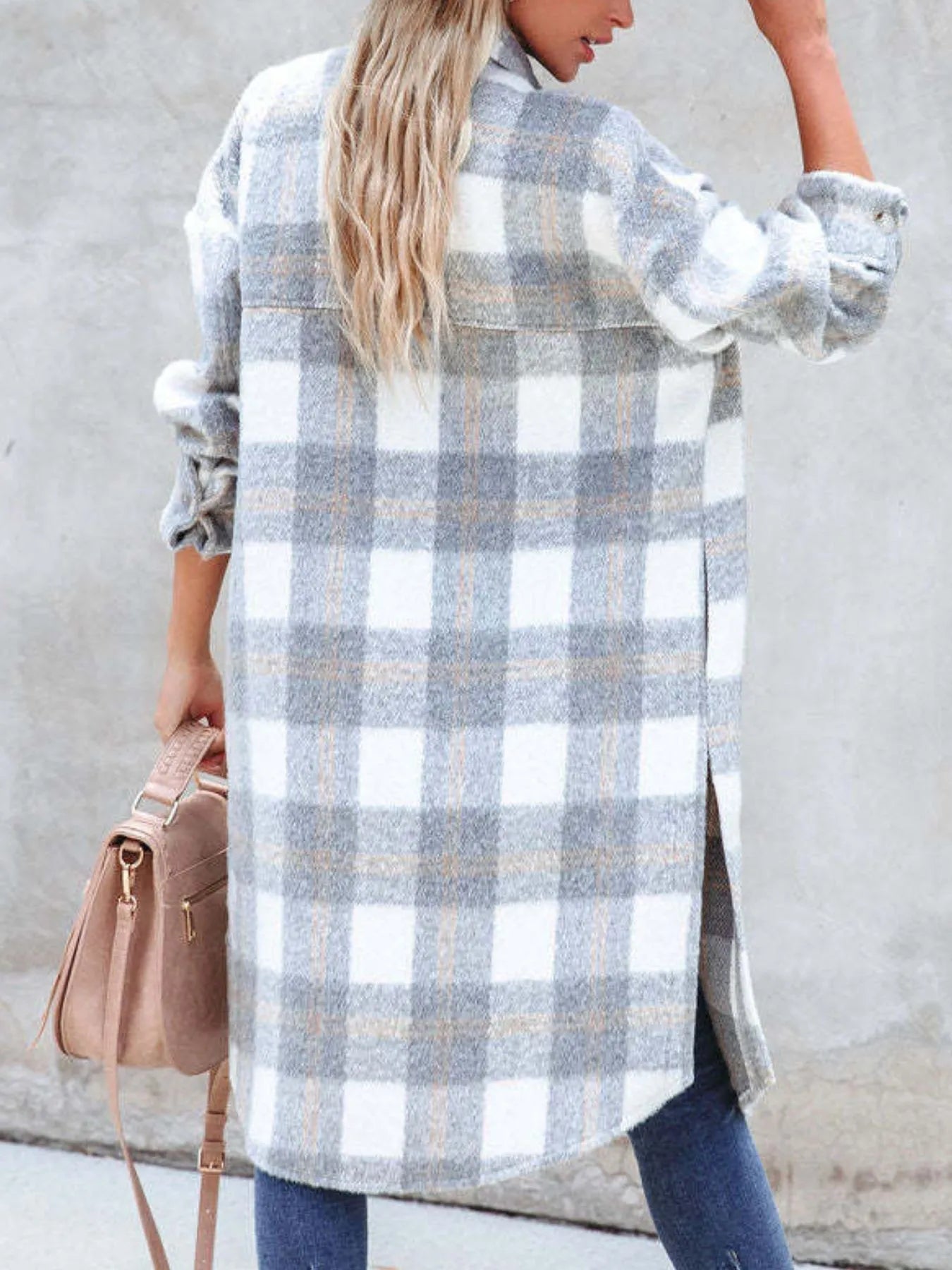 Oversized Plaid Button Up Longline Jacket Trendsi