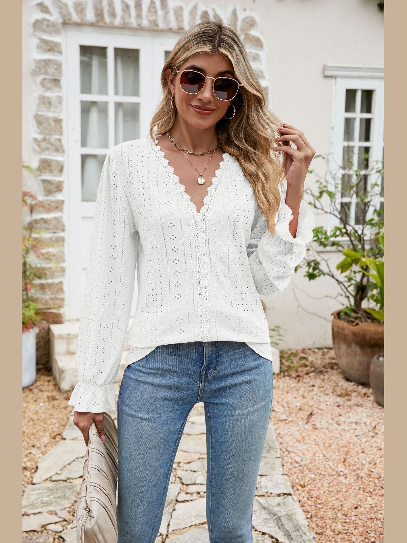 Eyelet Lace Trim Flounce Sleeve Blouse