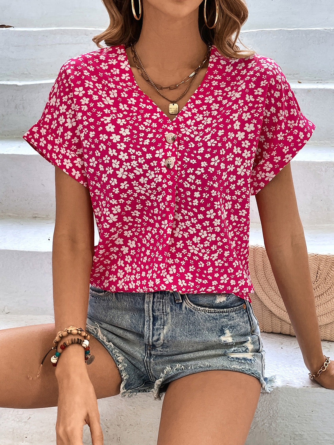 Printed V-Neck Short Sleeve Blouse nicholesgifts