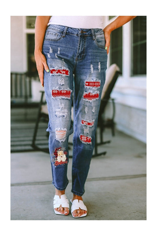 Santa Graphic Distressed Straight Jeans NicholesGifts