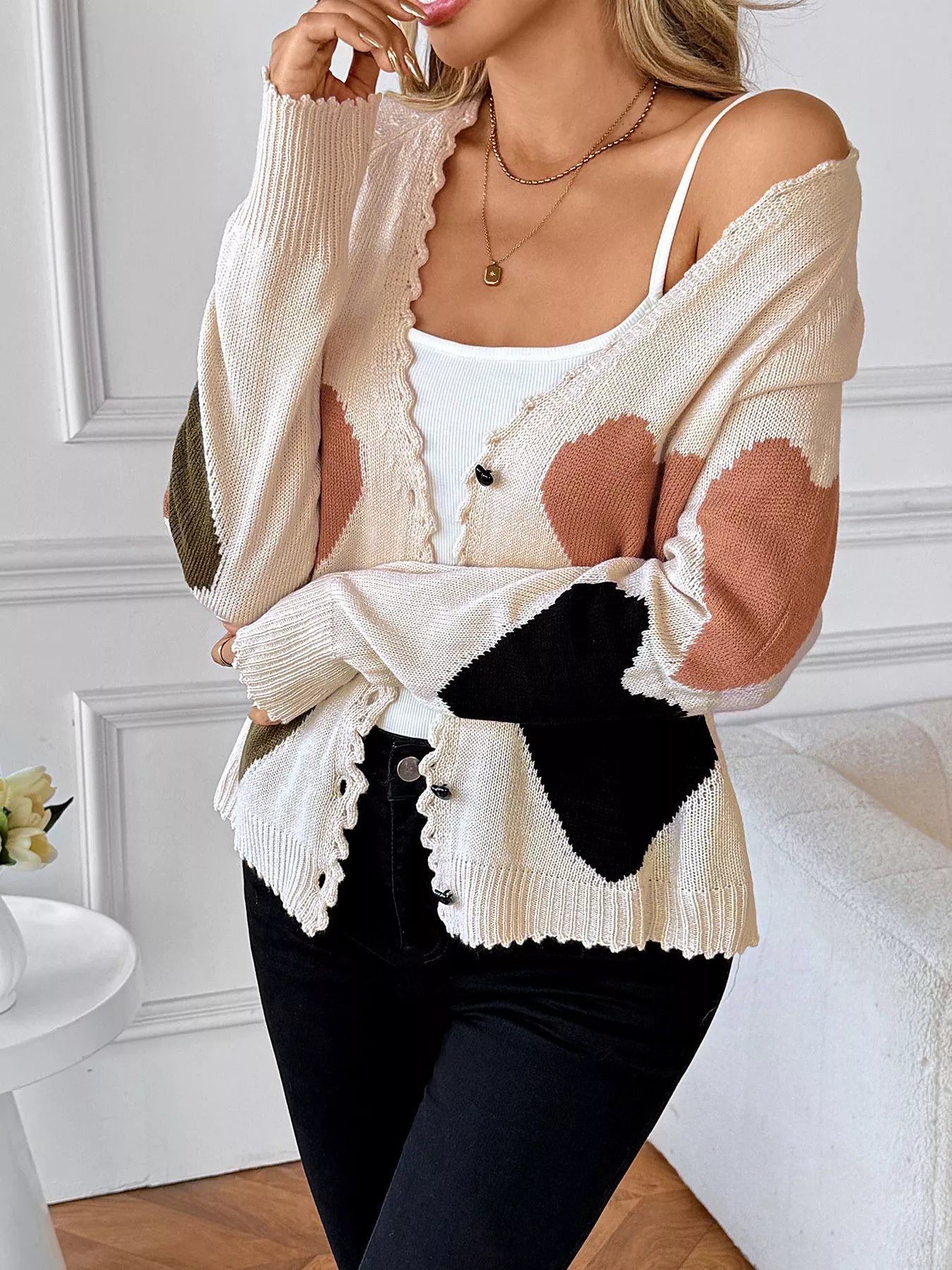 Heart Pattern Button-Up Cardigan