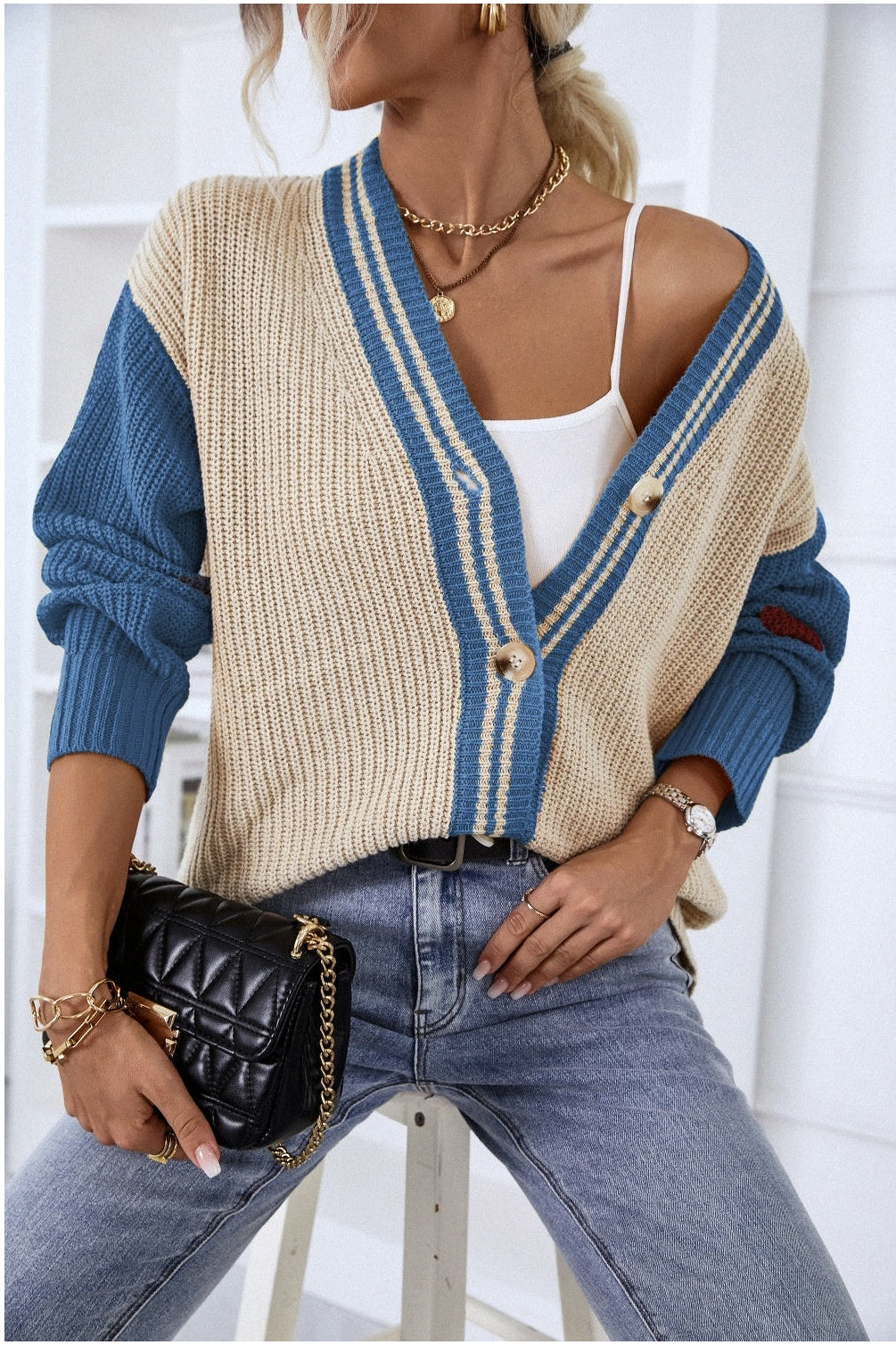 Contrast Button Up Dropped Shoulder Cardigan nicholesgifts