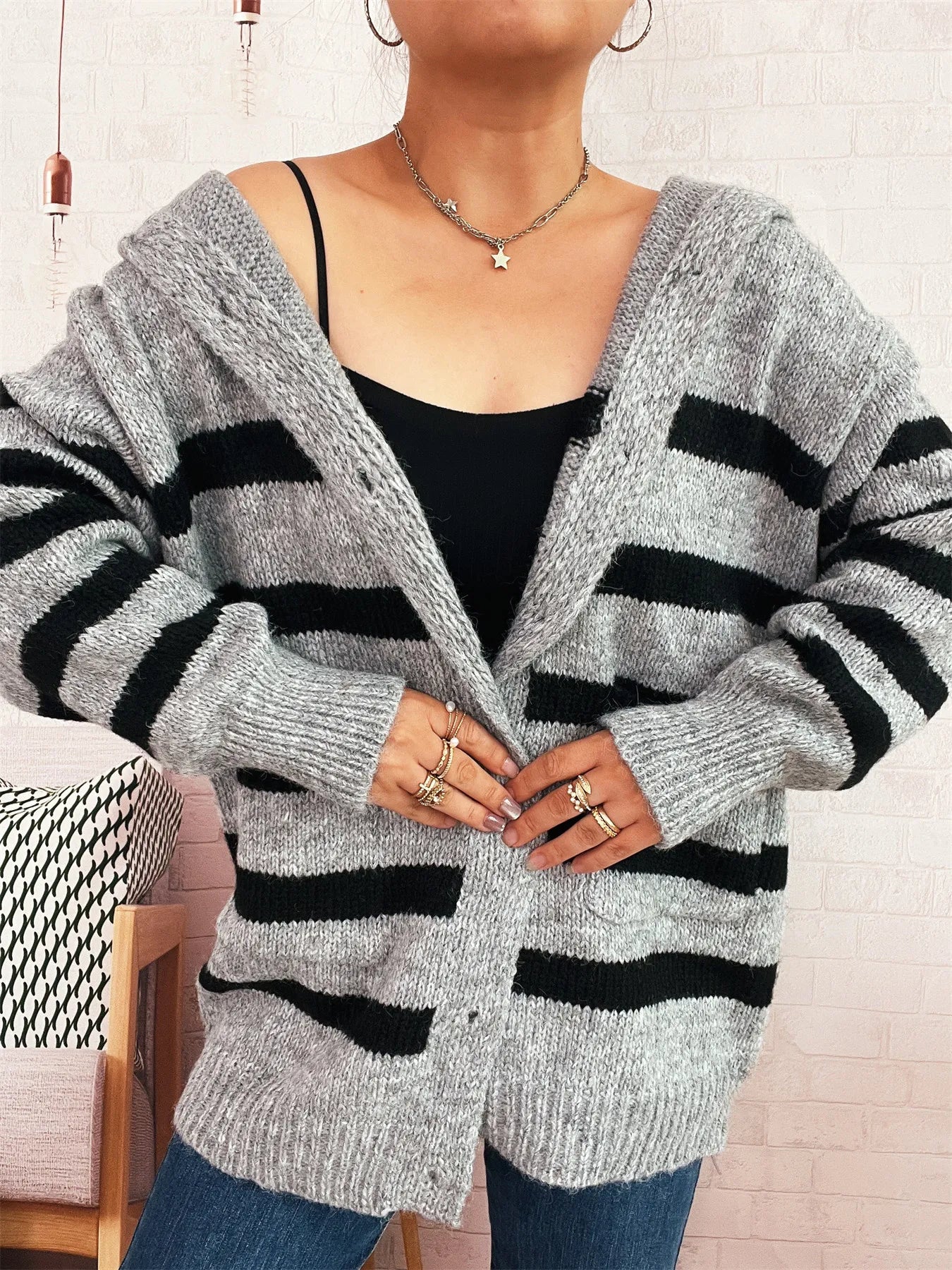 Striped Button-Up Hooded Cardigan