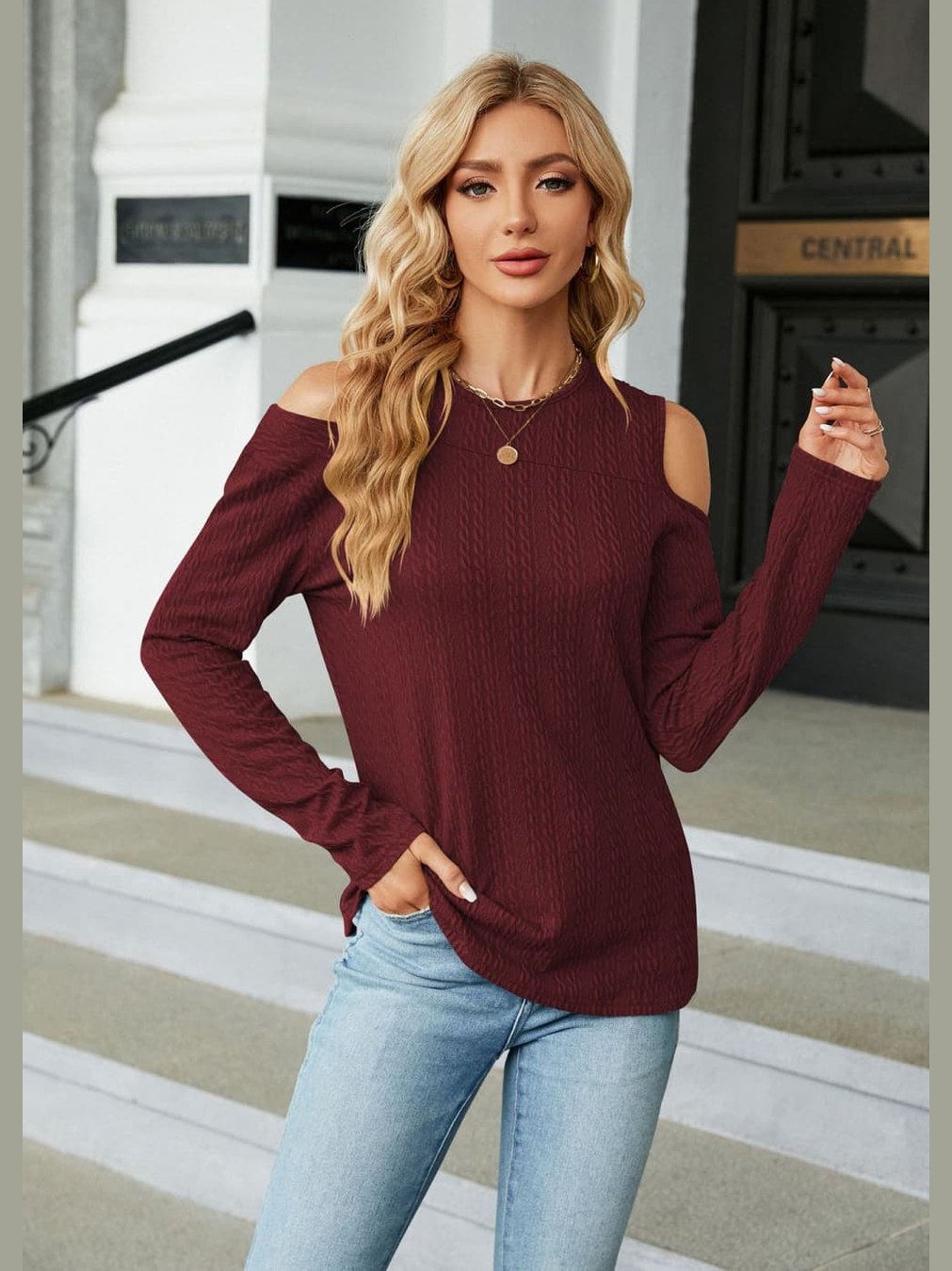 Dropped Shoulder Long Sleeve Blouse nicholesgifts