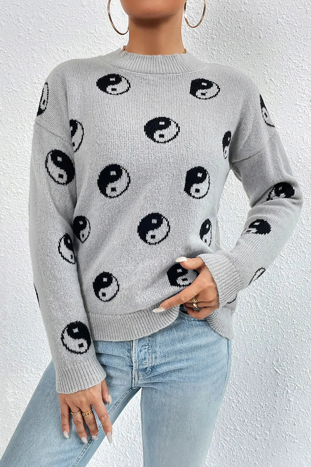 Women Graphic Mock Neck Dropped Shoulder Sweater
